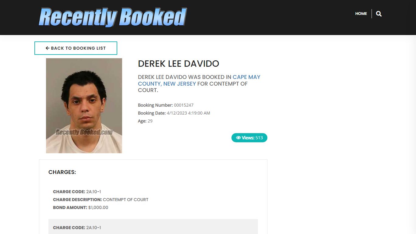 Recent Booking / Mugshot for DEREK LEE DAVIDO in Cape May County, New ...